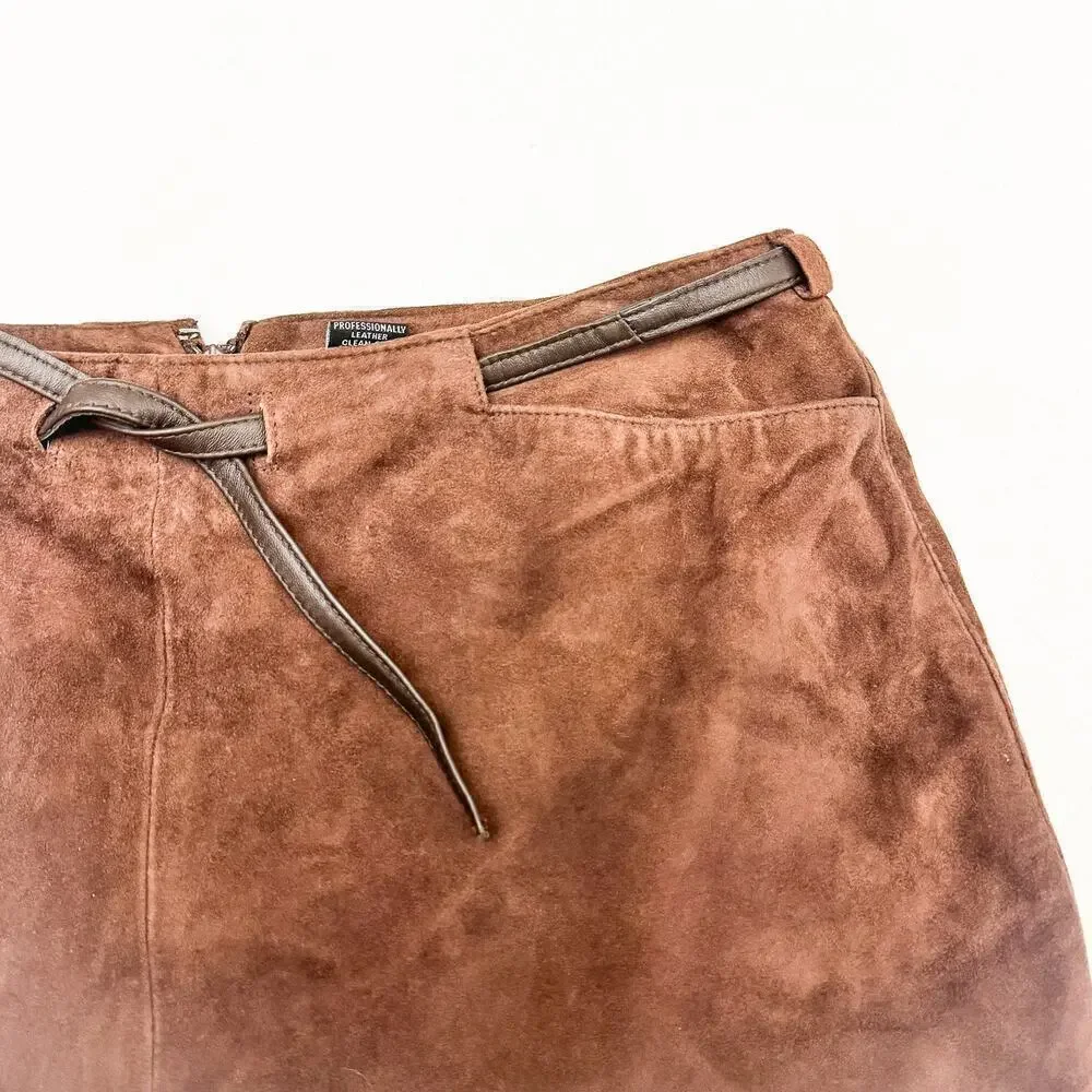 INC Suede Belted Leather Chocolate Brown Pencil Skirt Size 8